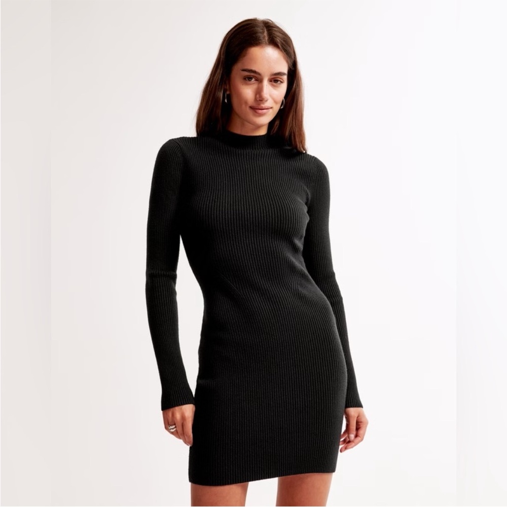 Abercrombie & Fitch A&F long sleeve ribbed knit mock neck mini dress black M - Picture 1 of 12